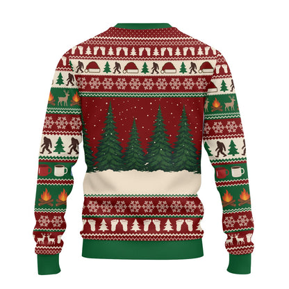 Back view of the ugly santa sweater showing a snowy forest scene