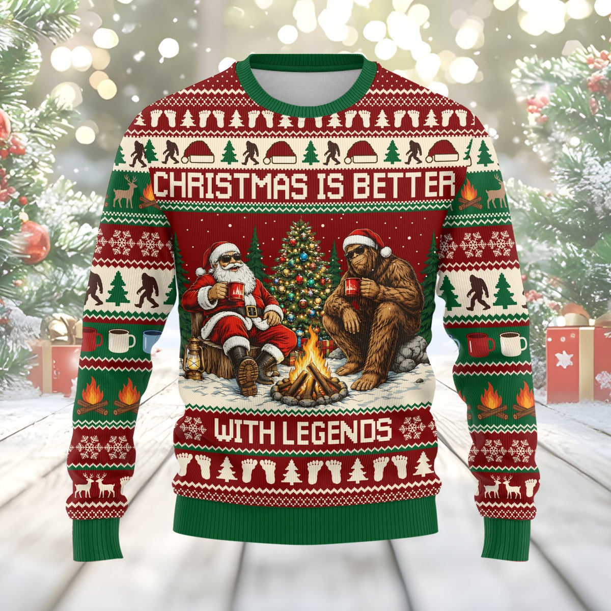 Front view of the Bigfoot and Santa ugly sweater with festive patterns