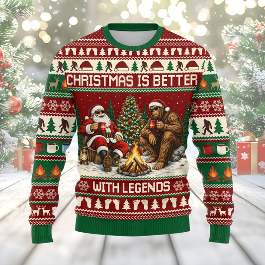 Bad santa ugly christmas sweater featuring Bigfoot and Santa at a campfire, main view