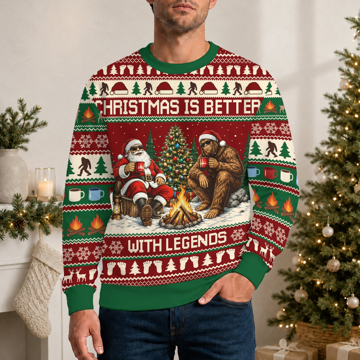 Second lifestyle view highlighting the Bigfoot and Santa holiday sweater