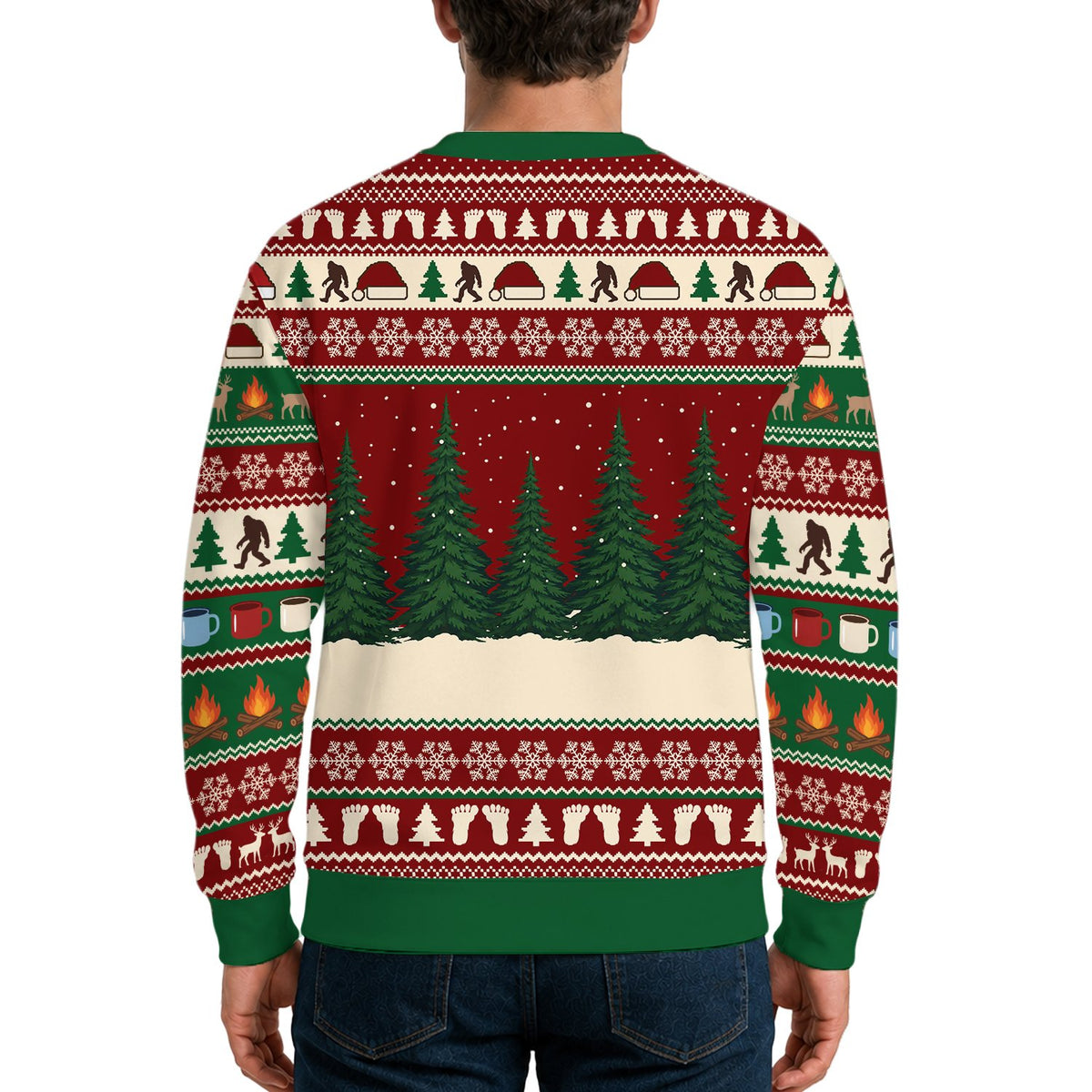 Third lifestyle view showing the fit and pattern of the ugly sweater