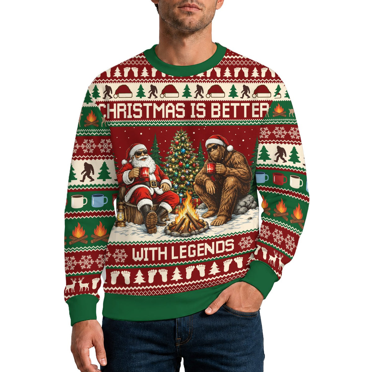 Lifestyle view of a person wearing the bigfoot ugly christmas sweater