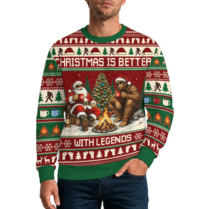 Lifestyle view of a person wearing the bigfoot ugly christmas sweater