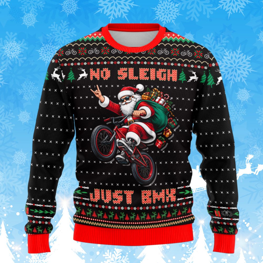 Detailed front view of the holiday ugly sweater ideas featuring a rock-and-roll Santa
