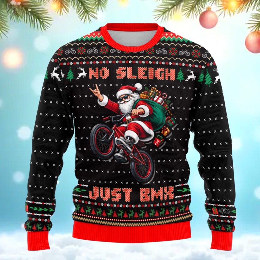 Close-up front view of the BMX Santa ugly Christmas sweater design