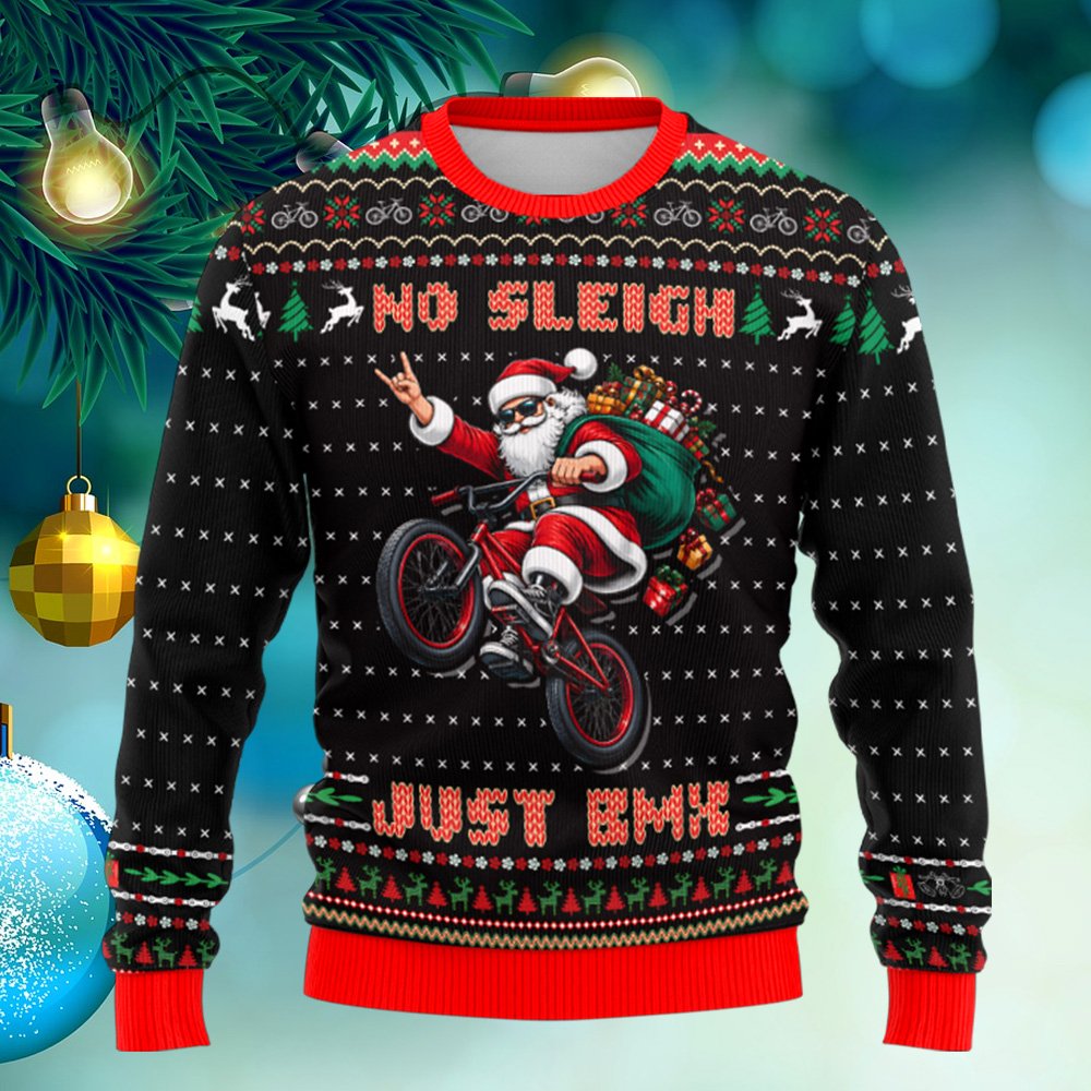 Front view of the black BMX ugly sweater with Santa illustration