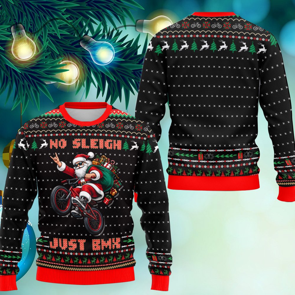Close-up of the fabric and print on the BMX ugly sweater