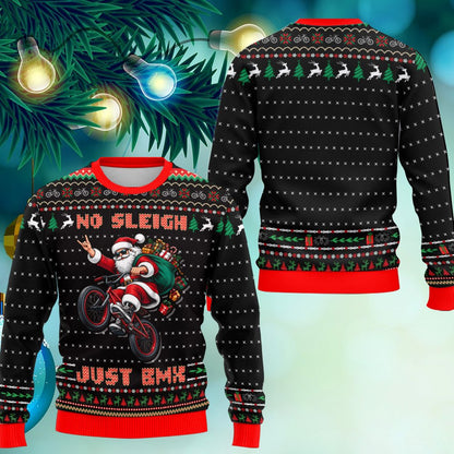 Close-up of the fabric and print on the BMX ugly sweater