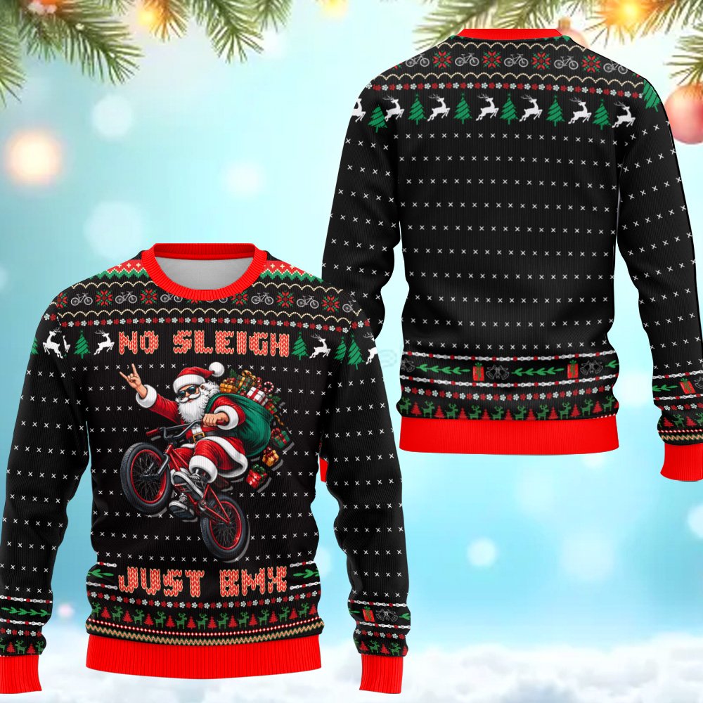 Angled view of the black BMX ugly sweater