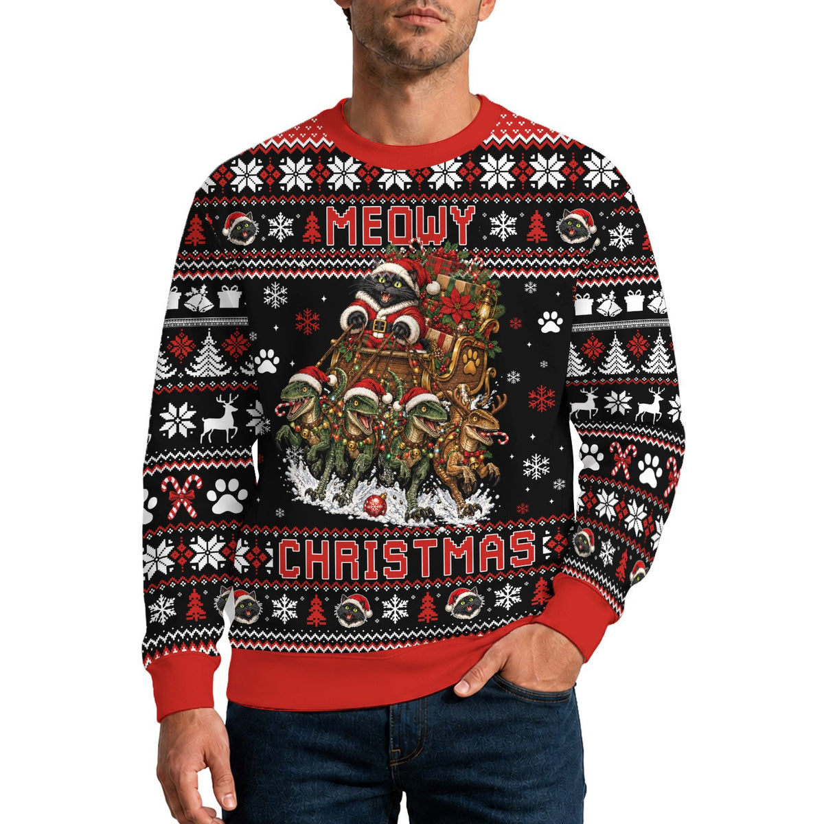 Dinosaurs ugly sweater featuring a cat in a sleigh pulled by dinosaur reindeer, main view
