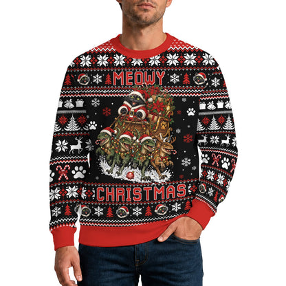 Dinosaurs ugly sweater featuring a cat in a sleigh pulled by dinosaur reindeer, main view