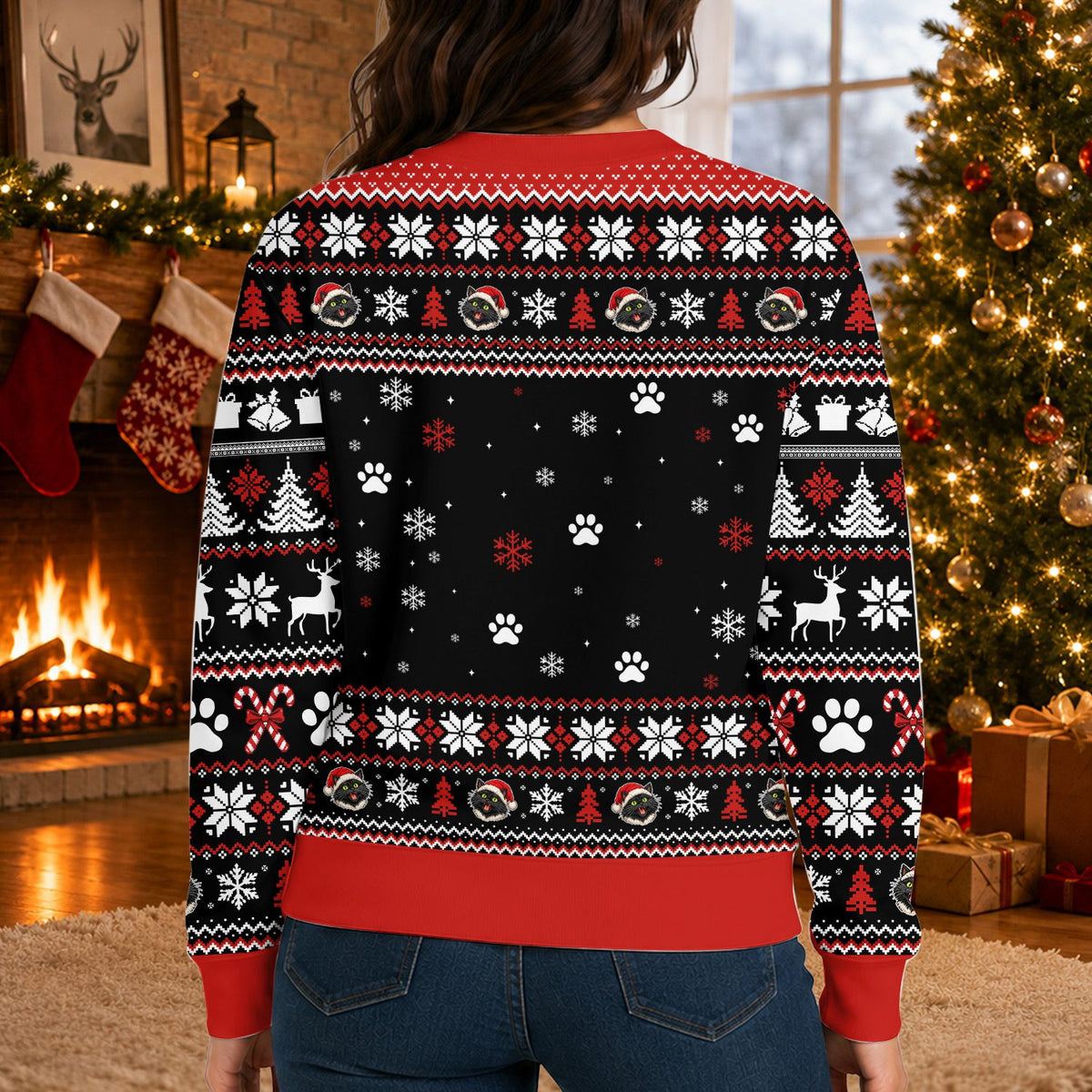 Third lifestyle view showcasing the cat and dinosaur design on the ugly sweater