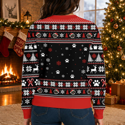 Third lifestyle view showcasing the cat and dinosaur design on the ugly sweater