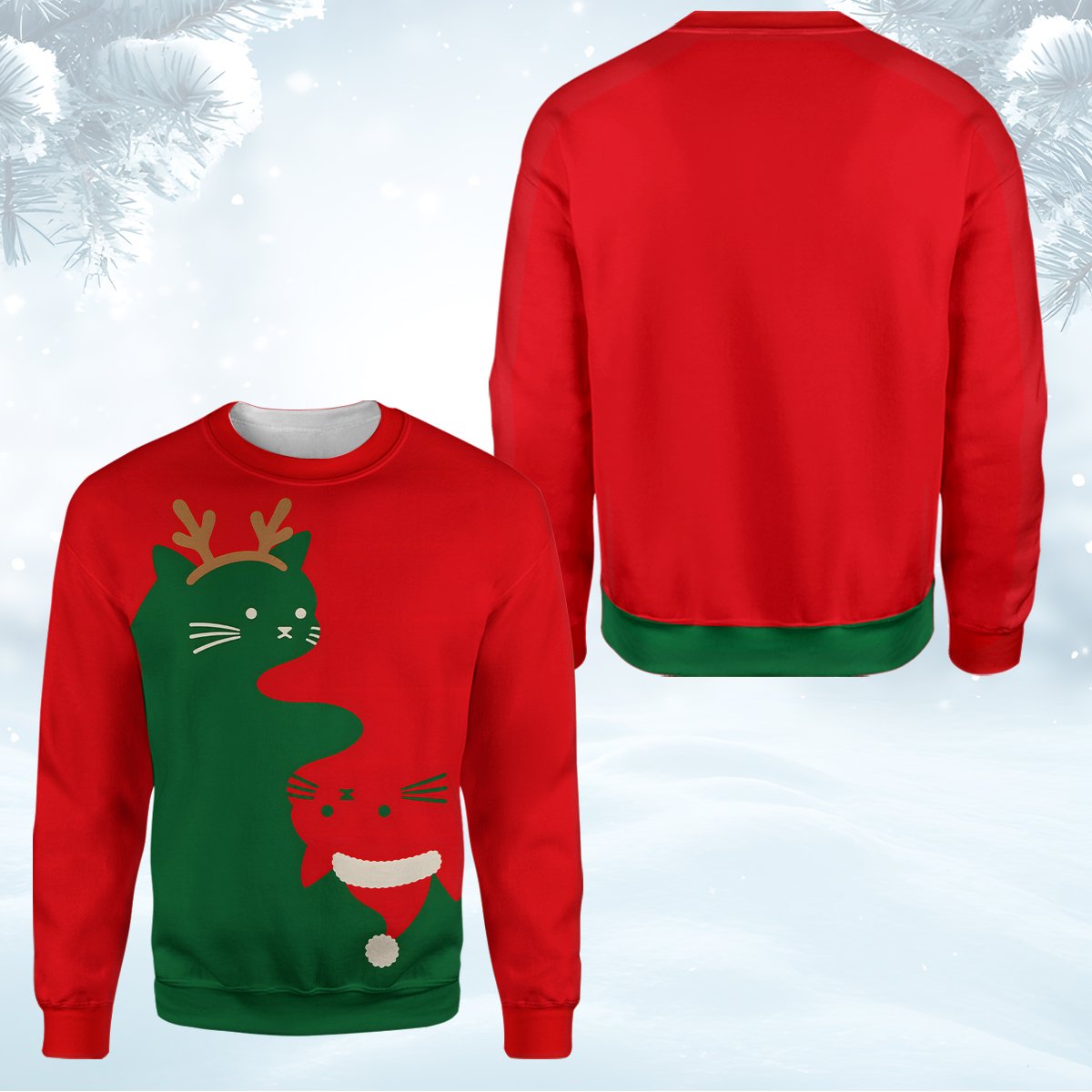 Front view of the green solid ugly sweater with festive cats