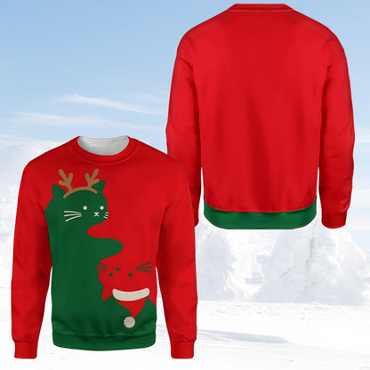 Another front view of the green solid ugly sweater with yin-yang cats