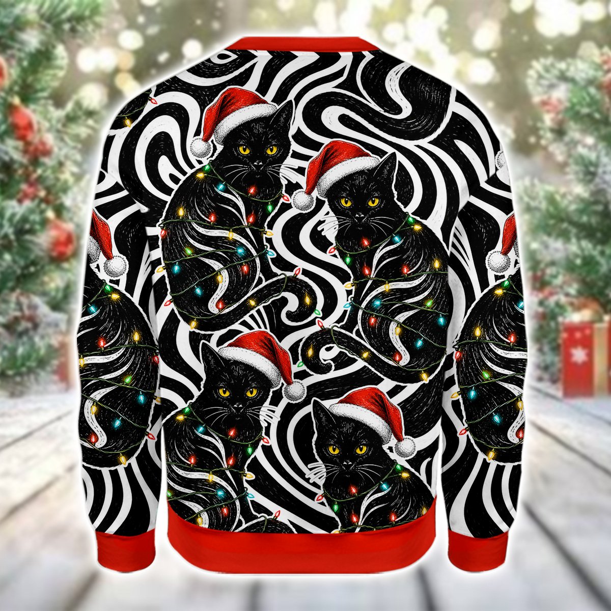 Back view of the ugly holiday sweater with abstract black and white waves