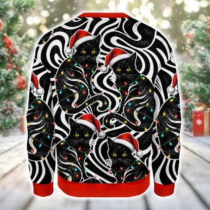 Back view of the ugly holiday sweater with abstract black and white waves