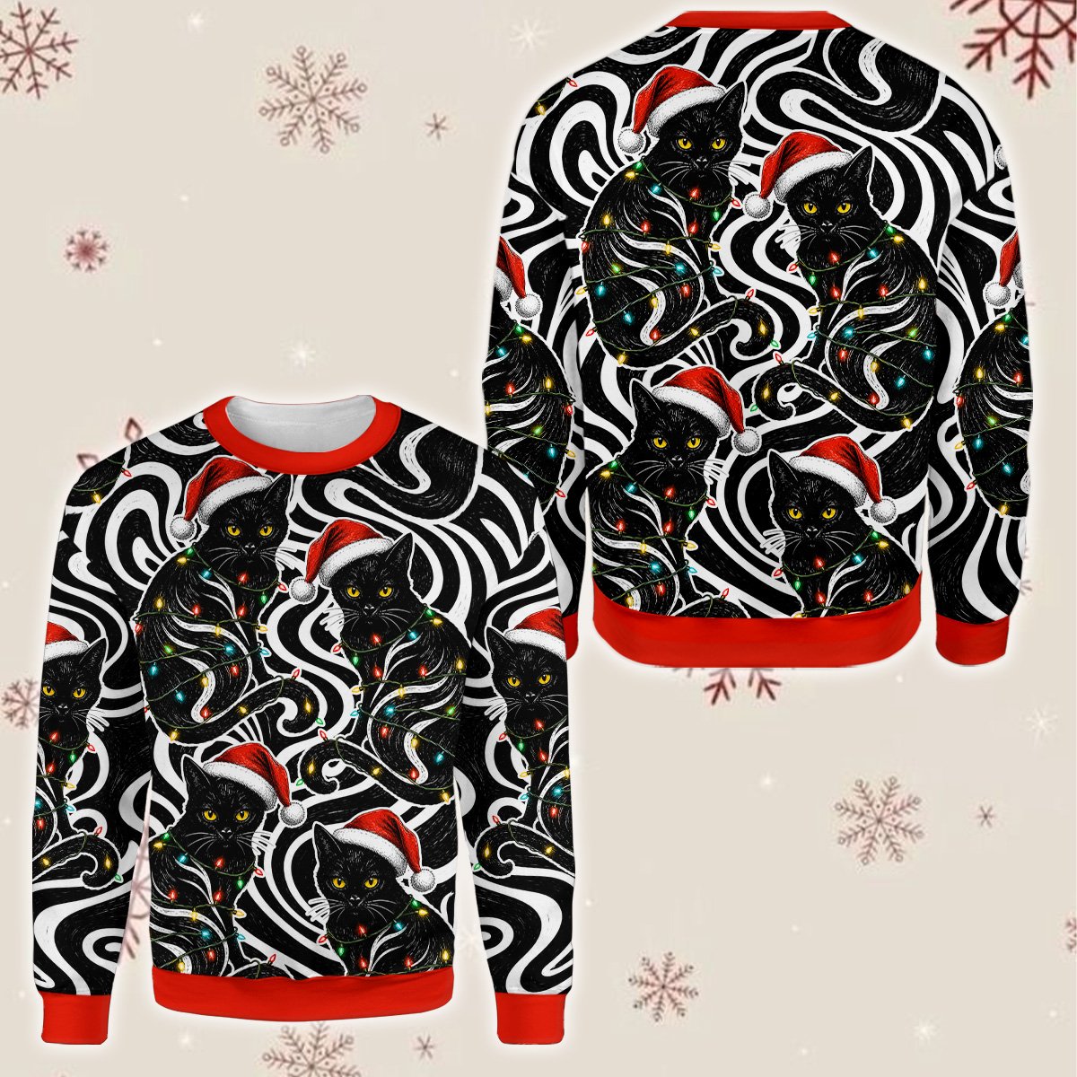 Alternative back view of the cats ugly sweater showcasing the solid red hem