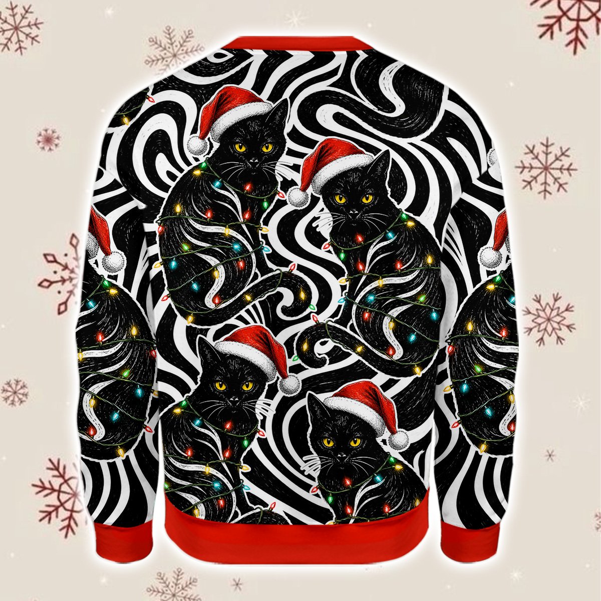 Back view of the cats ugly sweater showing the repeating feline pattern