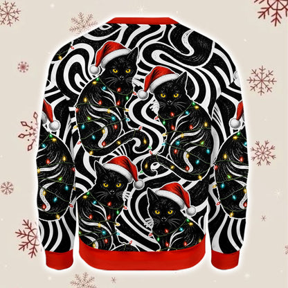 Back view of the cats ugly sweater showing the repeating feline pattern