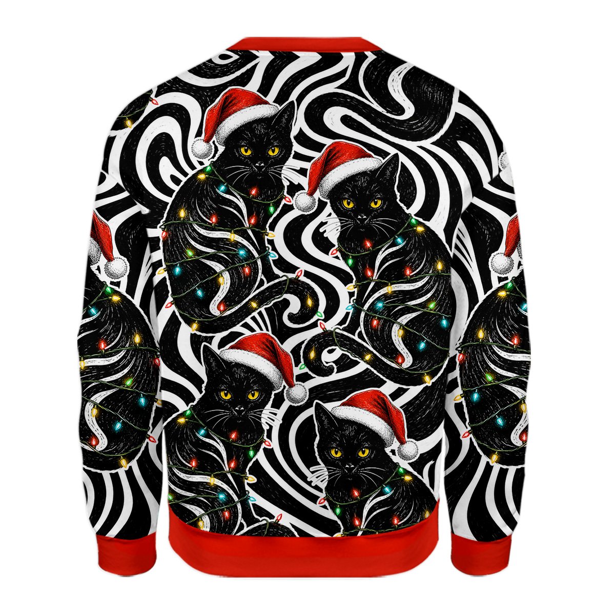 Another front view of the holiday ugly sweater highlighting the festive cats