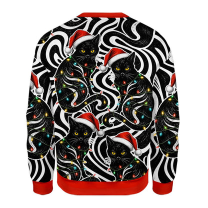 Another front view of the holiday ugly sweater highlighting the festive cats