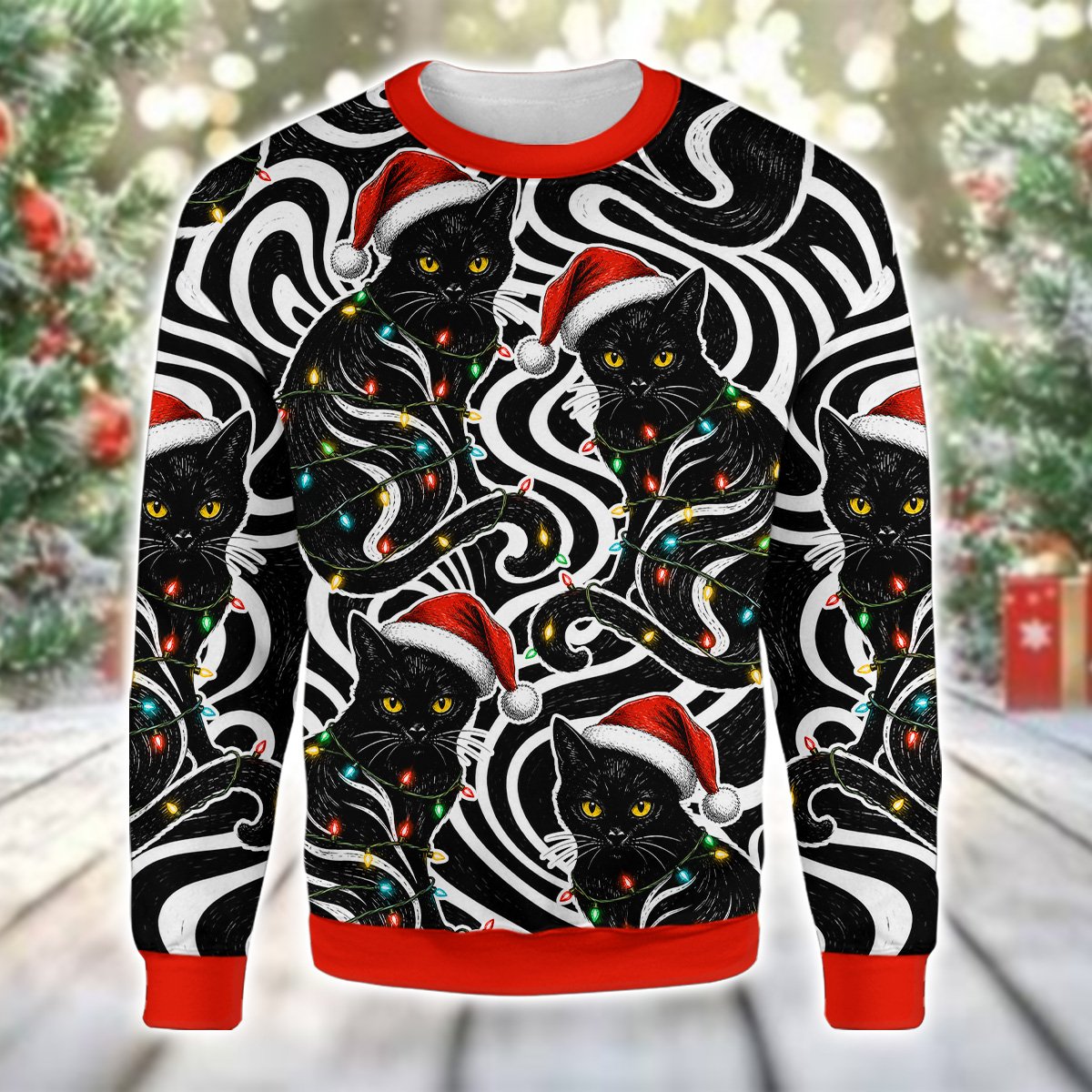 Cats ugly sweater showing the colorful Christmas string lights pattern