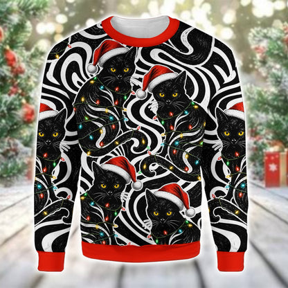 Cats ugly sweater showing the colorful Christmas string lights pattern