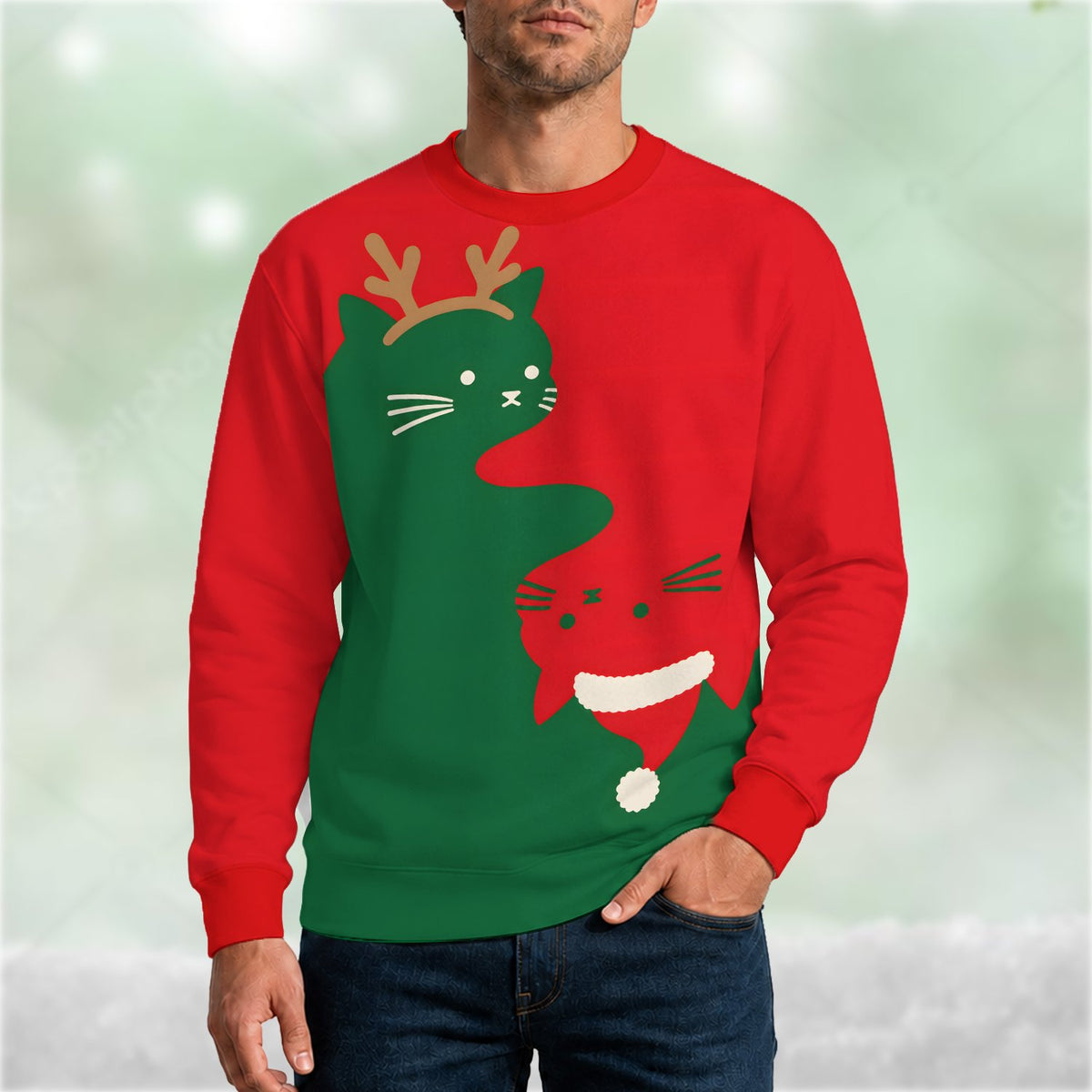 Another front view of the red solid ugly sweater with yin-yang cats