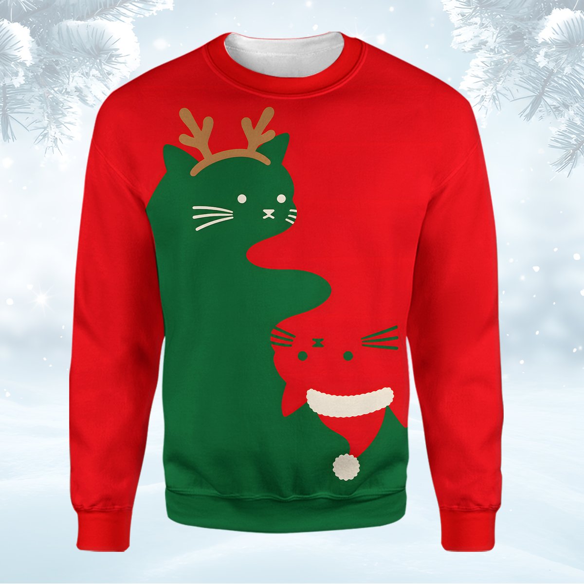 Close-up front view of the red solid ugly sweater with cat design