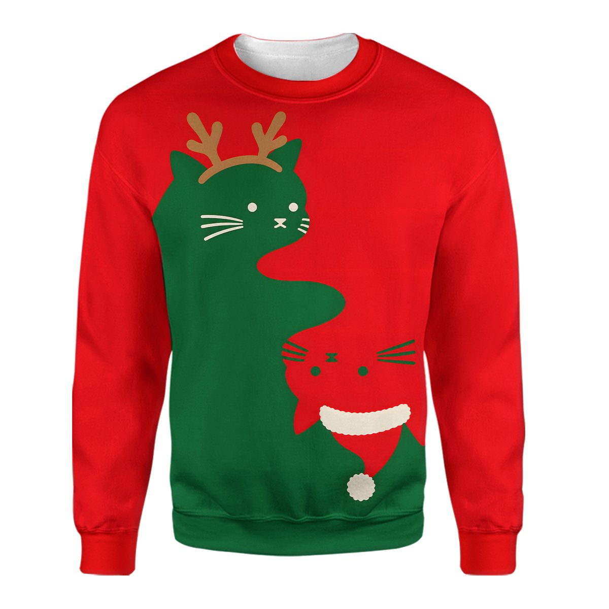 Front view of the solid ugly sweater with festive Christmas cats