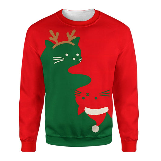 Solid ugly sweater featuring a red and green yin-yang cats design, front view
