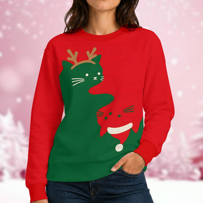 Lifestyle view of a person wearing the red solid ugly sweater with Christmas cats
