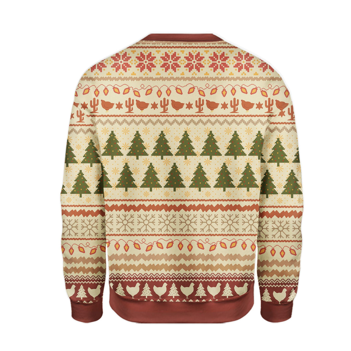 Back view of the chickens funny christmas ugly sweater with repeating holiday pattern