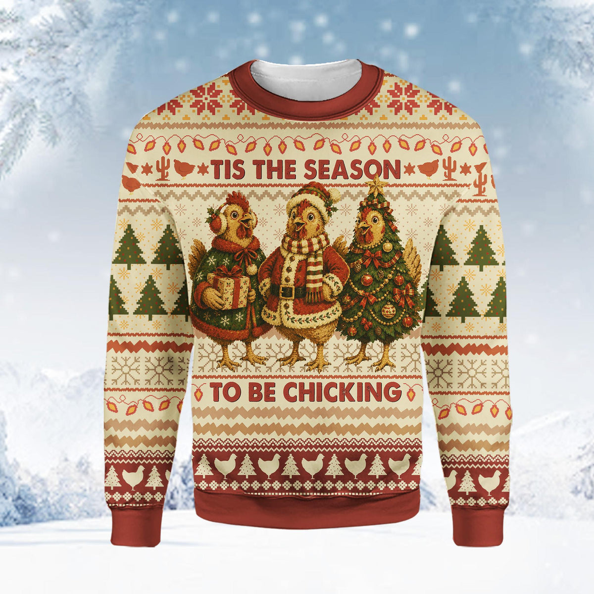 Detailed front view showing the 'Tis the Season to be Chicking' text