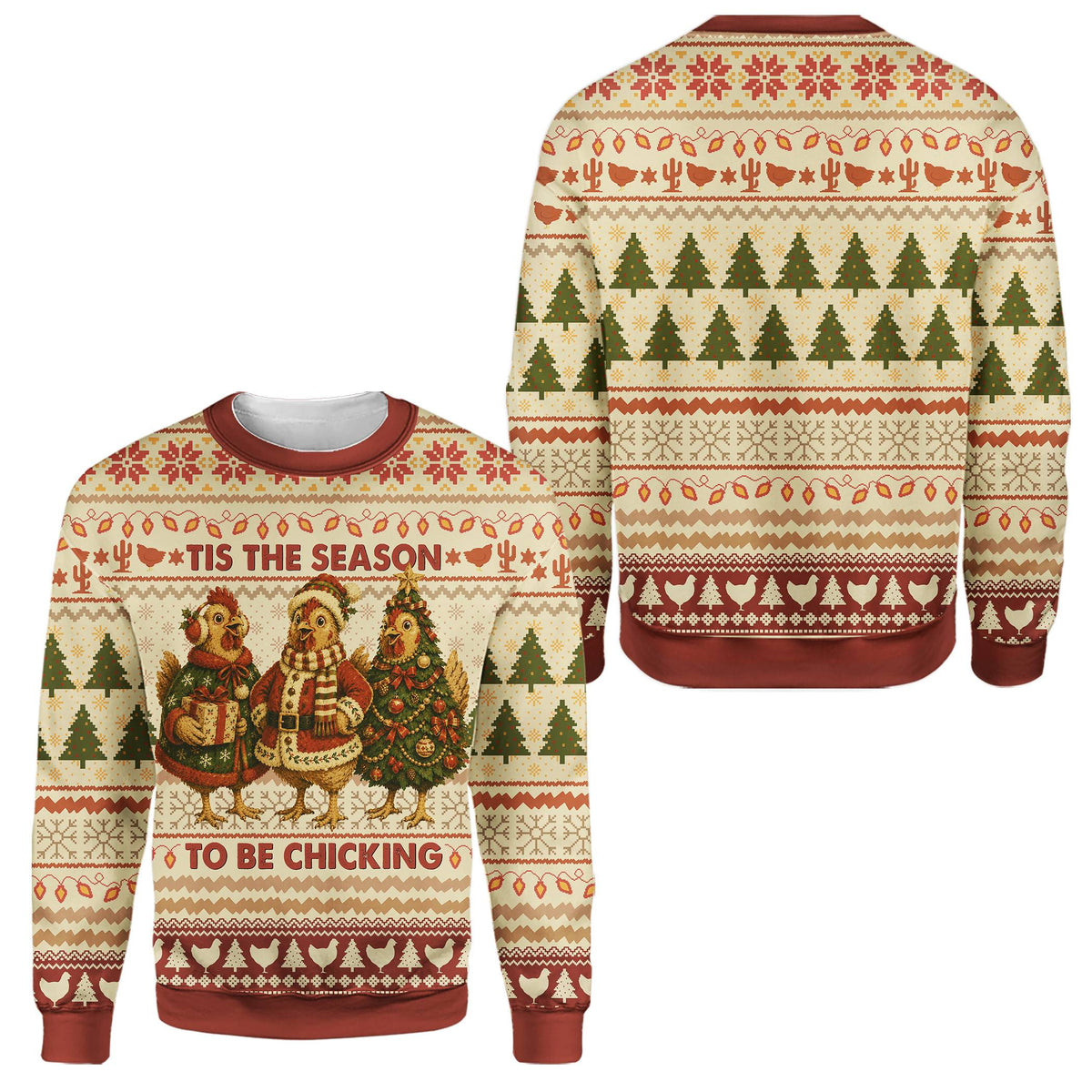 Close-up front view of the beige chickens ugly sweater pattern