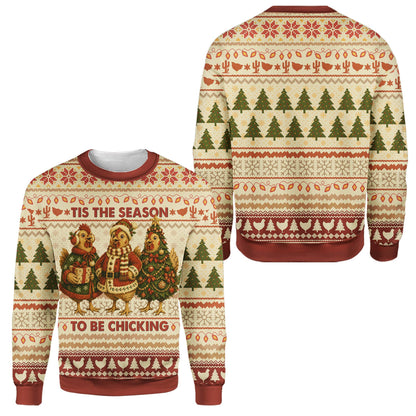 Close-up front view of the beige chickens ugly sweater pattern