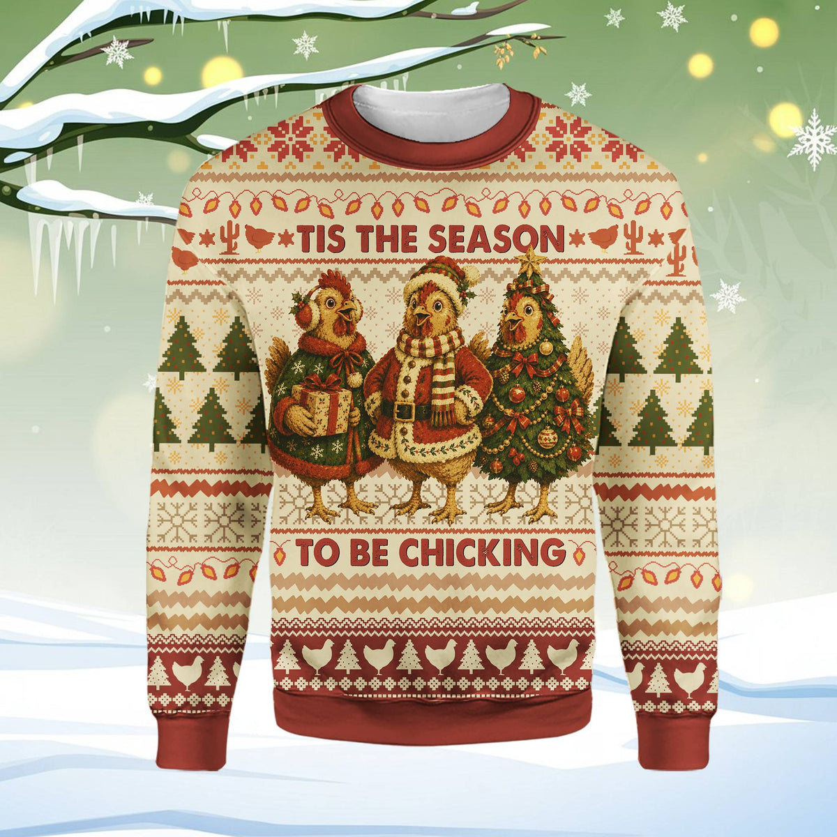 Front view of the holiday ugly sweater with festive chickens design