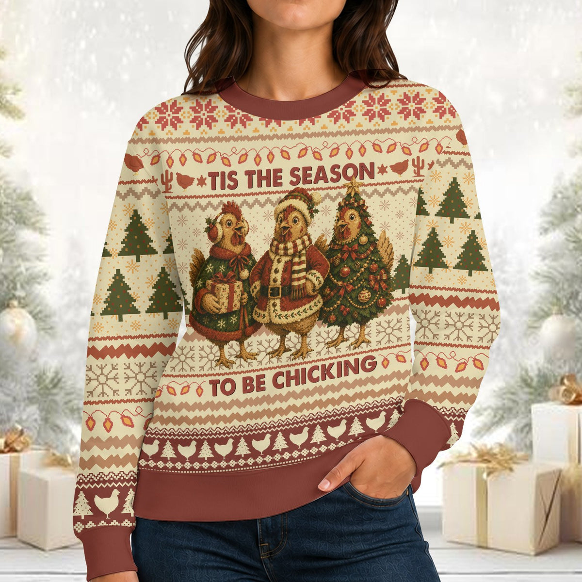 Lifestyle view of a person wearing the chickens funny christmas ugly sweater