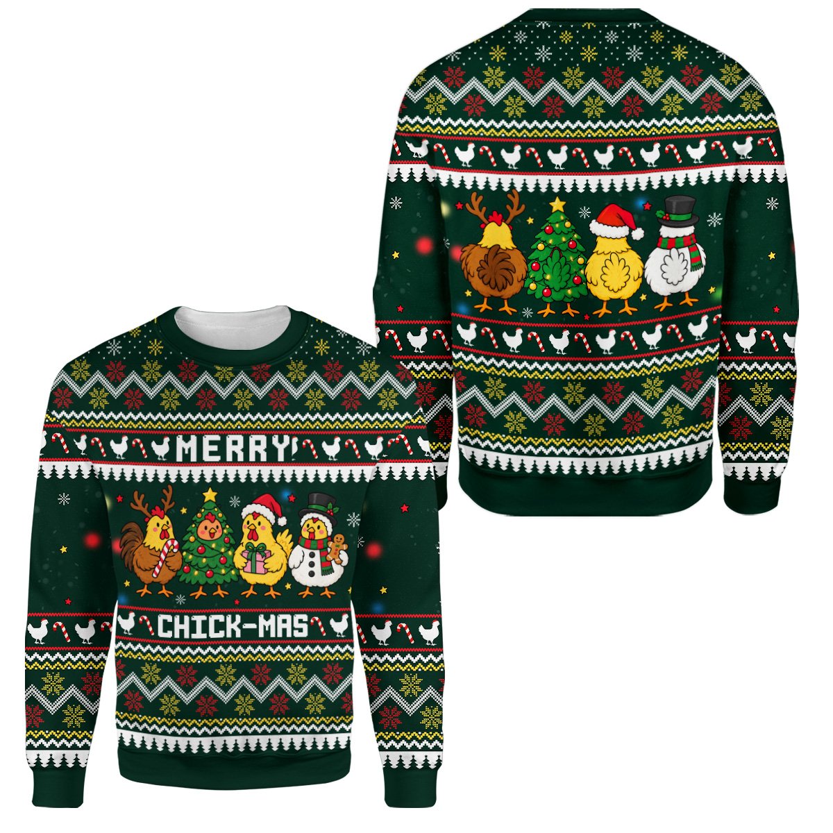 Detailed back view of the green funny ugly sweater