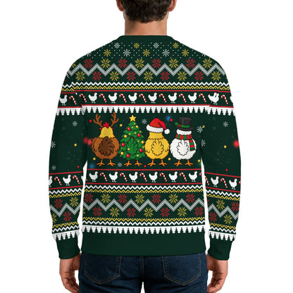 Back view of the chickens ugly sweater showing the cartoon chickens from behind