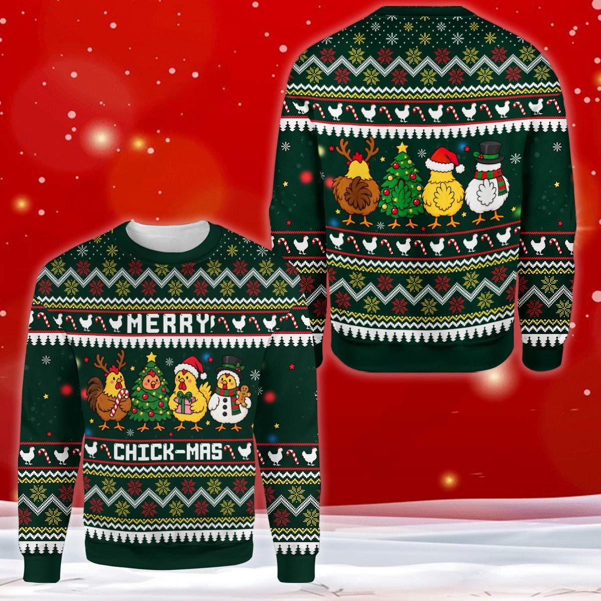 Detailed front view of the chickens ugly sweater showing the cartoon chickens dressed for Christmas