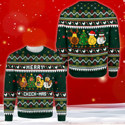 Detailed front view of the chickens ugly sweater showing the cartoon chickens dressed for Christmas