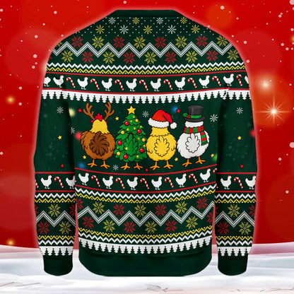 Close-up front view of the holiday ugly sweater highlighting the Merry Chick-Mas text