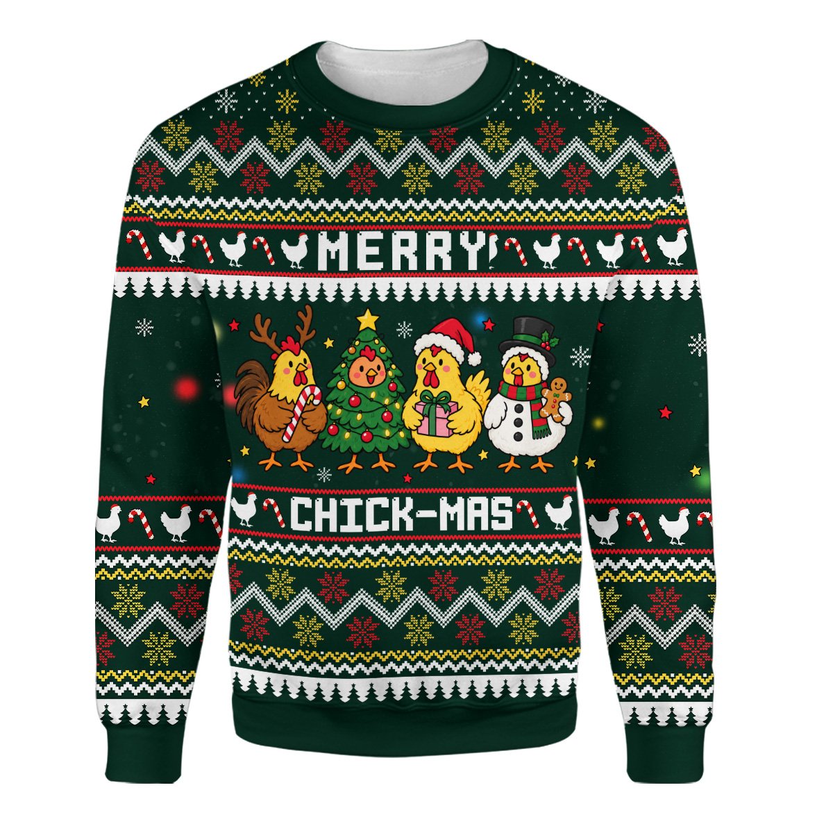 Front view of the Merry Chick-Mas funny ugly sweater with a green Fair Isle pattern