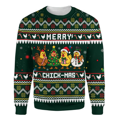 Front view of the Merry Chick-Mas funny ugly sweater with a green Fair Isle pattern