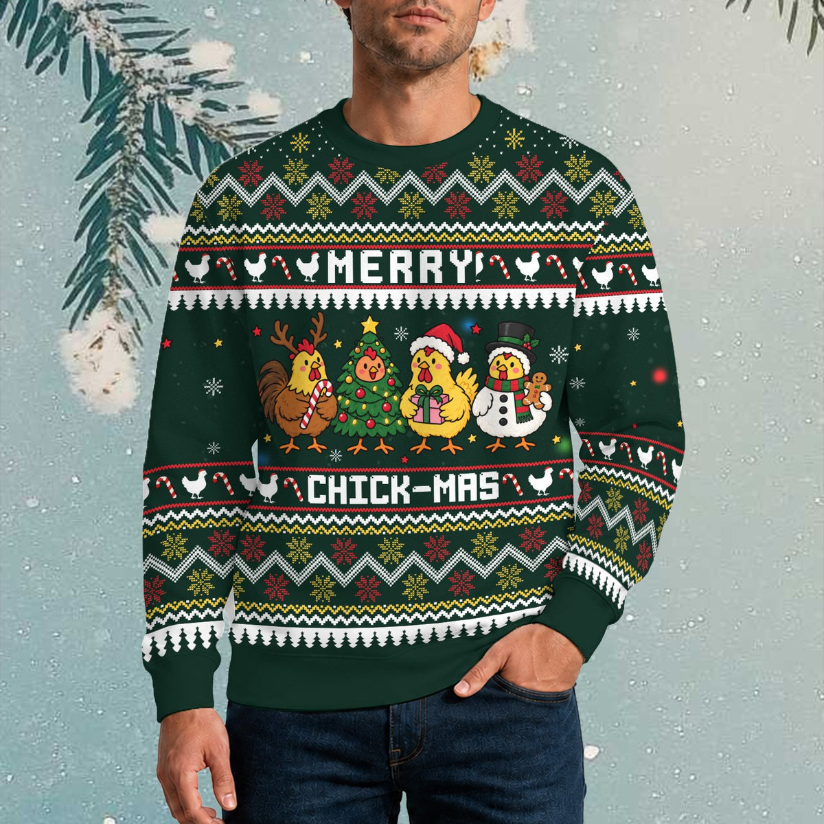Another lifestyle shot of the chickens funny ugly sweater in a casual setting