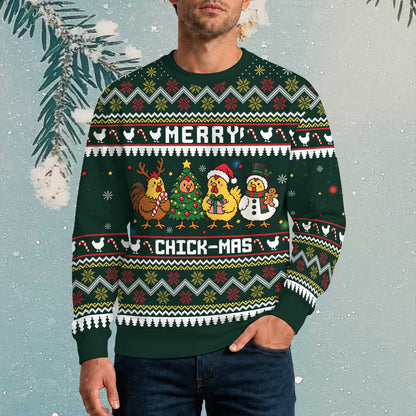 Another lifestyle shot of the chickens funny ugly sweater in a casual setting