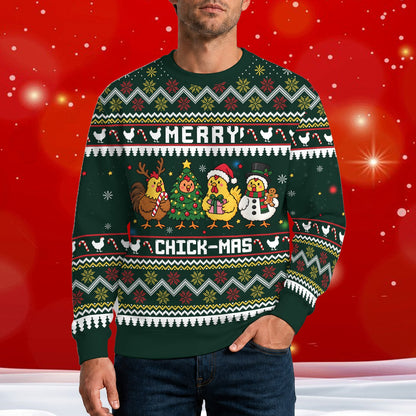 Lifestyle view of someone wearing the Merry Chick-Mas holiday ugly sweater