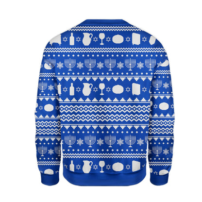 Back view of the blue chrismukkah ugly sweater with festive pattern